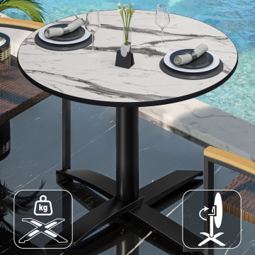 CPTG | Table Bistro | Ø:H 70 x 75 cm | Blanc Marbre / Aluminium Noir | Pliable/ Poids supplémentaire