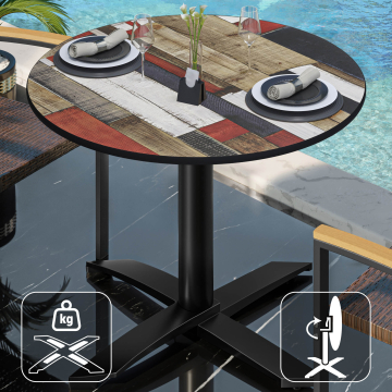 CPTG | Table de bistrot | Ø:H 60 x 75 cm | Vintage multicolore / Aluminium noir | Pliable/ Poids supplémentaire