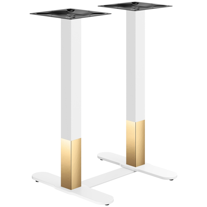 Forme incurvée | Piètement de table bistro | Piètement de table bistro double sur pied | Or/Blanc | Hauteur : 104 cm | Colonne : 6 x 6 cm | Base : L 58 cm | + Connecteur