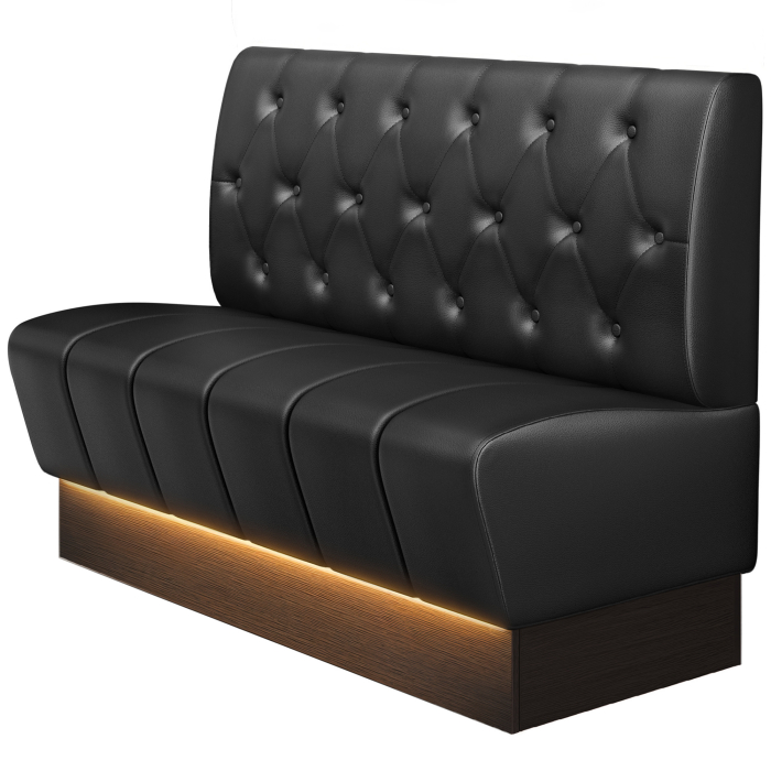 DENVER | Gastro bænk | B : H 120 x 103 cm | Sort | Chesterfield diamant | Læder | Siddemadre: Stribet | Fodliste: Wenge | LED
