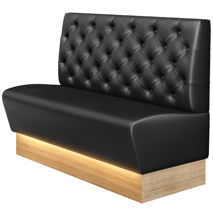 DENVER | Ławka gastro | S: W 120 x 103 cm | Czarny | Chesterfield | Skóra | Listwa przypodłogowa: Dąb | LED