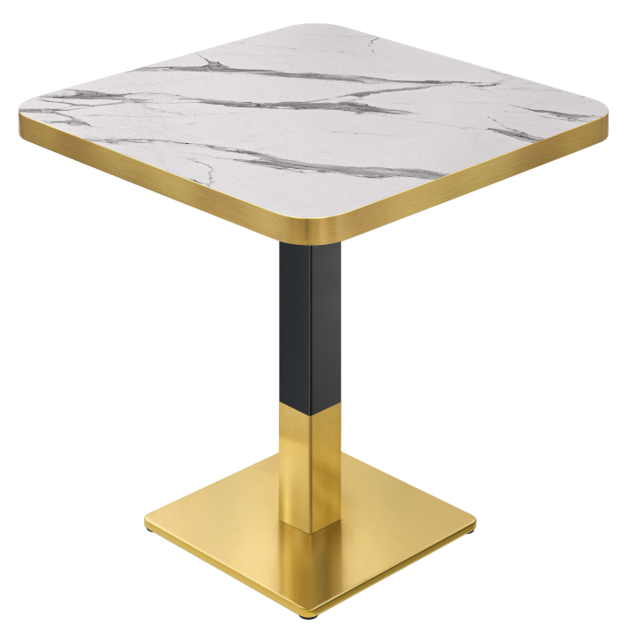 DM | Bistro Tisch | 80 x 80 cm | H 74 cm | Weiß Marmor | Gestell: Schwarz / Gold