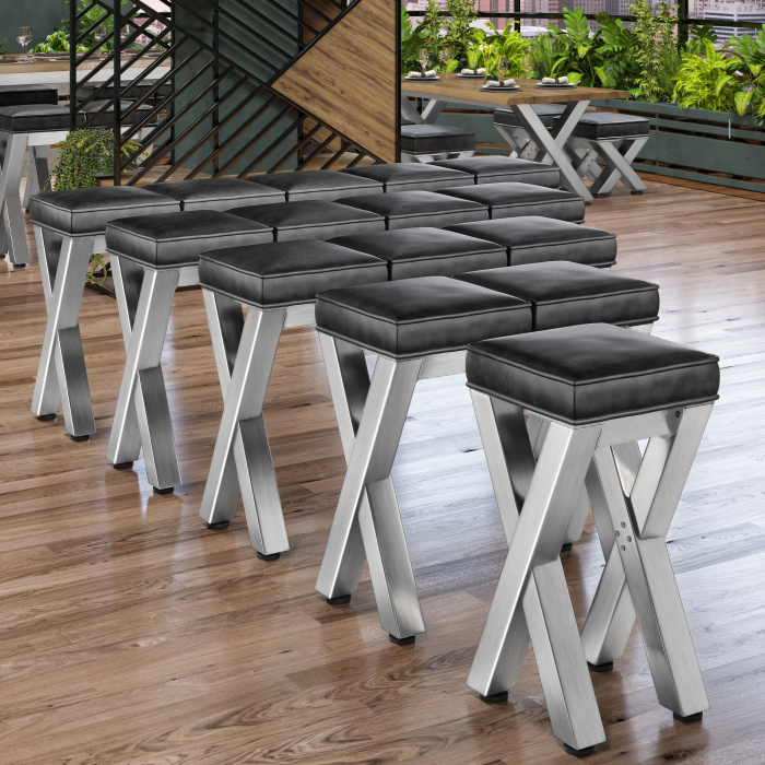 JUANA | Gastro Barstoel | B:H 40 x 81cm | RVS/ Antraciet | Leren zitting: Zwart | zonder leuning