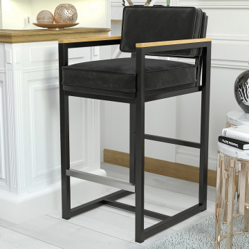 KYLA | Barstol med metalstel | Fløjl | Sort | Sort | Med ryglæn