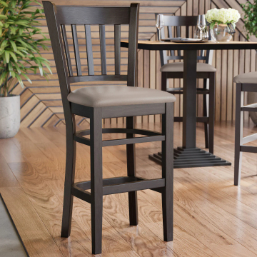 GIOVANNI | Houten Barkruk Met Rugleuning | Leer | Hout | Taupe/Grijs/Bruin | Met rugleuning