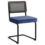 HAWAII | Chaise de bistro | Velours | Bleu | Dossier : Rattan Noir
