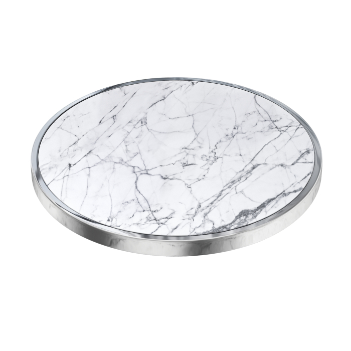 JT | Horeca Glazen Tafelblad | Ø70cm | Wit marmer | Chrom Rand | Rund