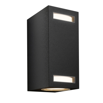 LEONA | Veggspot | B:D:H 6,5 x 9,2 x 15 cm | Svart / aluminium | 2x11W | uteområde