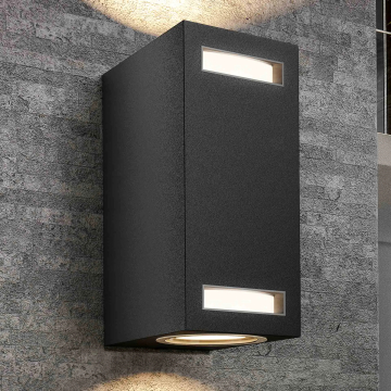 LEONA | Wandstrahler | B:T:H 6,5 x 9,2 x 15 cm | Schwarz / Aluminium | 2x11W | Außenbereich