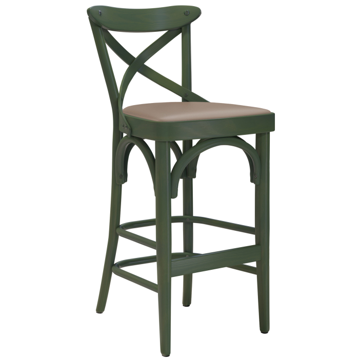 Maudez | Tabouret en bois courbé | Bois / Cuir | Vert olive / Taupe | Bois courbé