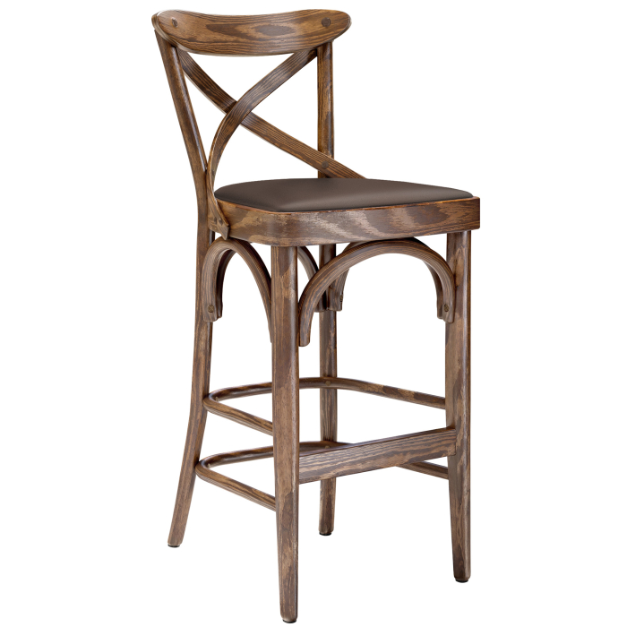 Maudez | Sgabello da bar in legno curvato | Legno / Pelle | Patina antica vintage / Marrone | Legno curvato