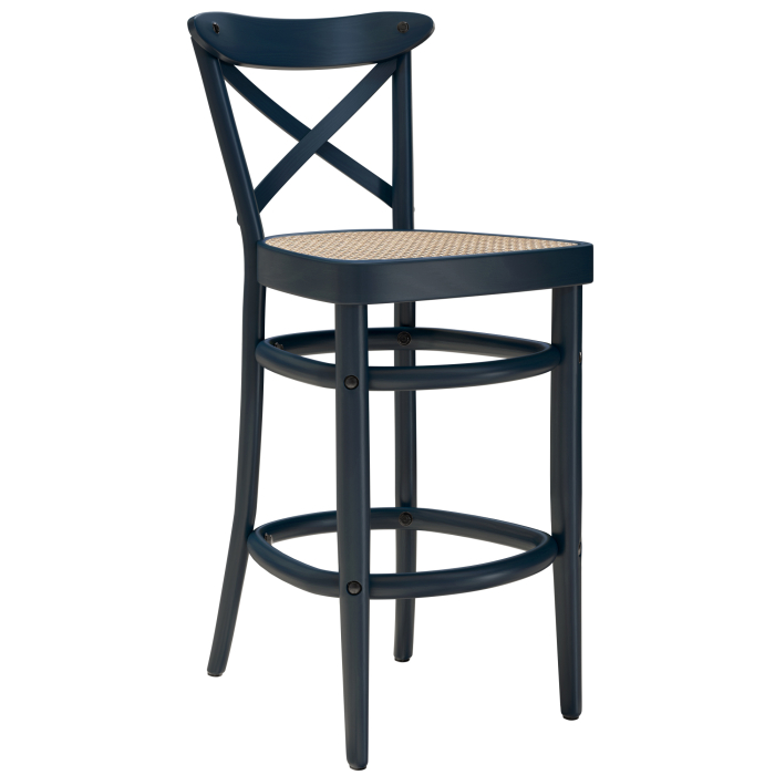 MAUDEZ | Sgabello Bar in Legno Curvato | Intreccio in Rattan | Blu Scuro | Legno Curvato