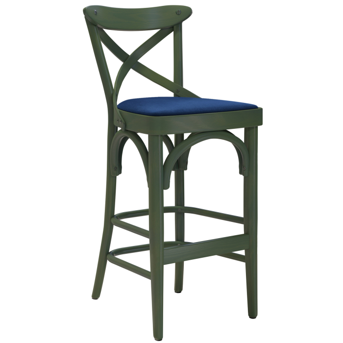 Maudez | Sgabello alto in compensato | Legno / Velluto | Verde oliva / Blu | Compensato