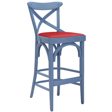 Maudez | Bentwood Bar Stool | Wood / Leather | Blue / Red | Bentwood