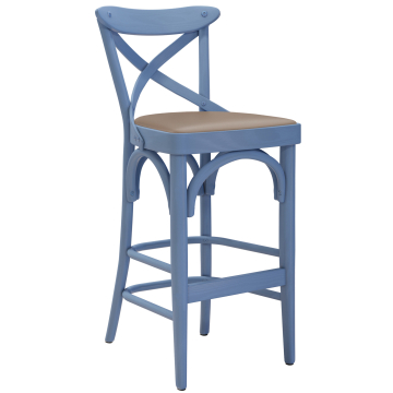 Maudez | Bentwood Bar Stool | Wood / Leather | Blue / Taupe | Bentwood