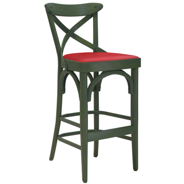 Maudez | Bentwood Bar Stool | Wood / Leather | Olive Green / Red | Bentwood