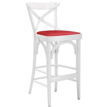 Maudez | Sgabello da bar in legno curvato | Legno / pelle | Bianco / Rosso | Legno curvato