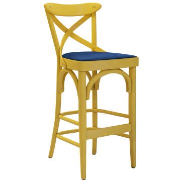 Maudez | Bentwood Bar Stool | Wood / Velvet | Yellow / Blue | Bentwood