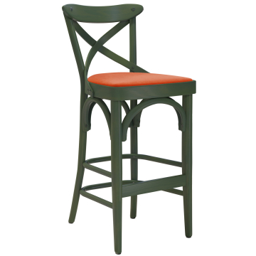 Maudez | Bentwood Bar Stool | Wood / Velvet | Olive Green / Orange | Bentwood
