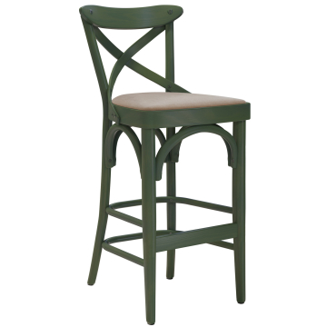 Maudez | Bentwood Bar Stool | Wood / Velvet | Olive Green / Taupe | Bentwood