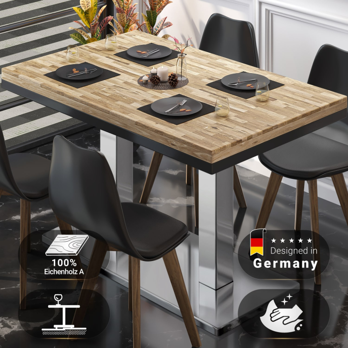 MM | Bistro massivt bord | rektangulärt | 120 x 70 x 77 cm | ek / rostfritt stål