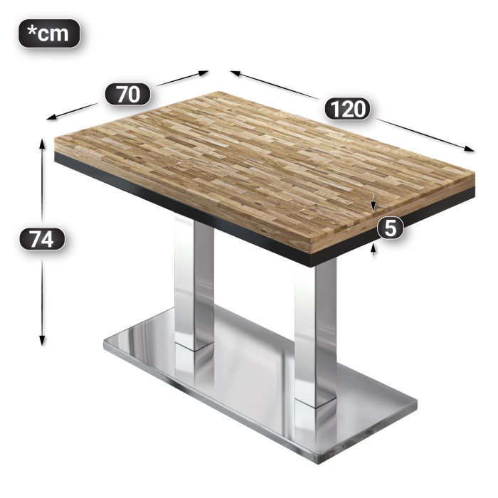MM | Bistro massivt bord | rektangulärt | 120 x 70 x 77 cm | ek / rostfritt stål