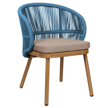 NANCY | Chaise de terrasse bistro | Bleu | + Coussin d'assise taupe | Effet bois