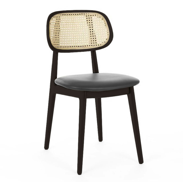MARIA | Krzesło bistro | Oparcie: rattan dębowy | Siedzisko: skóra | Czarny