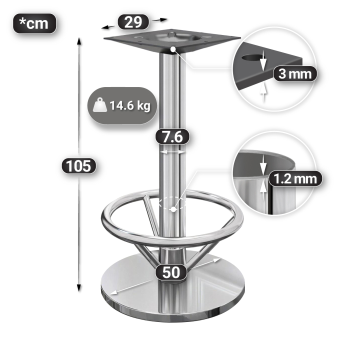 Nizza | Base tavoli alti | Acciaio inox | Piede: Ø 50 cm | Colonna: 7,6 x 105 cm | con anello per i piedi Nizza | Base tavoli alti | Acciaio inox | Piede: Ø 50 cm | Colonna: 7,6 x 105 cm | con anello per i piedi