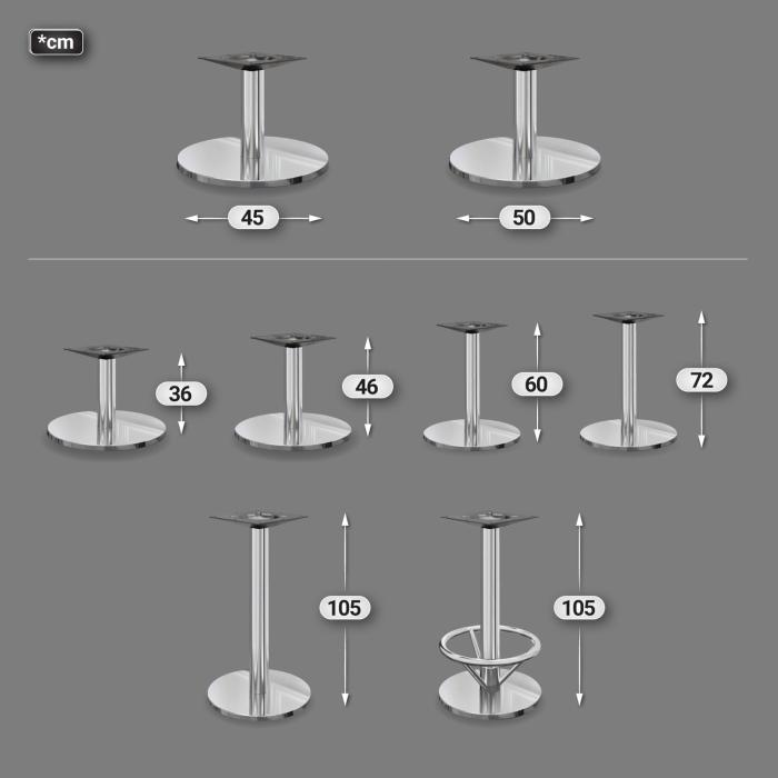 Nizza | Base tavoli alti | Acciaio inox | Piede: Ø 50 cm | Colonna: 7,6 x 105 cm | con anello per i piedi Nizza | Base tavoli alti | Acciaio inox | Piede: Ø 50 cm | Colonna: 7,6 x 105 cm | con anello per i piedi