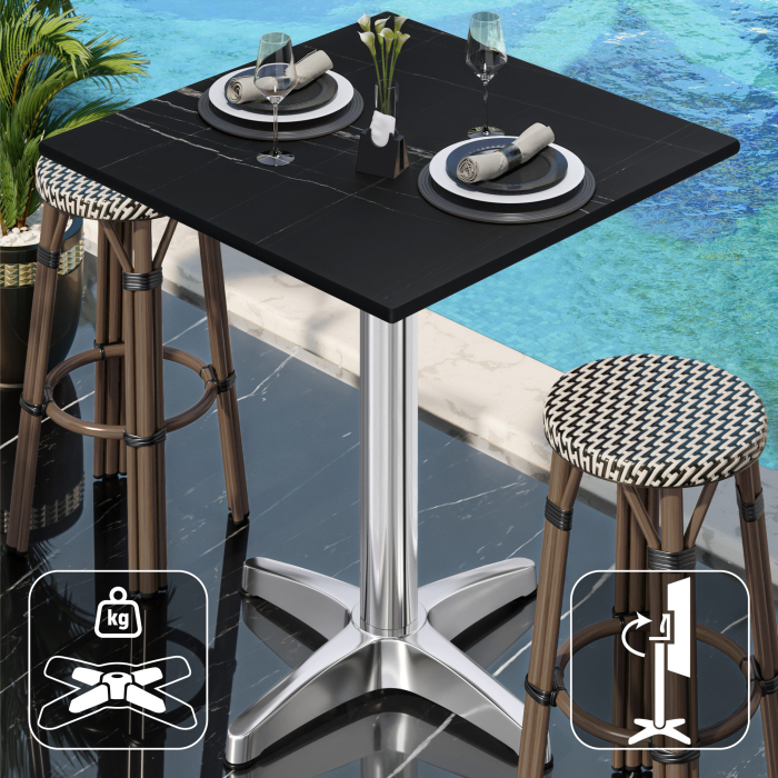 CPBL | HPL Compact Bistro Tavolo Alto | 70 x 70 x 110 cm | Pieghevole + Peso Aggiuntivo | Marmo Nero / Alluminio