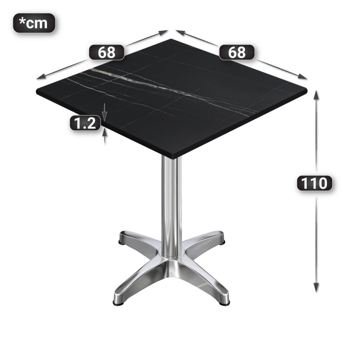 CPBL | HPL Compact Bistro Tavolo Alto | 70 x 70 x 110 cm | Pieghevole + Peso Aggiuntivo | Marmo Nero / Alluminio