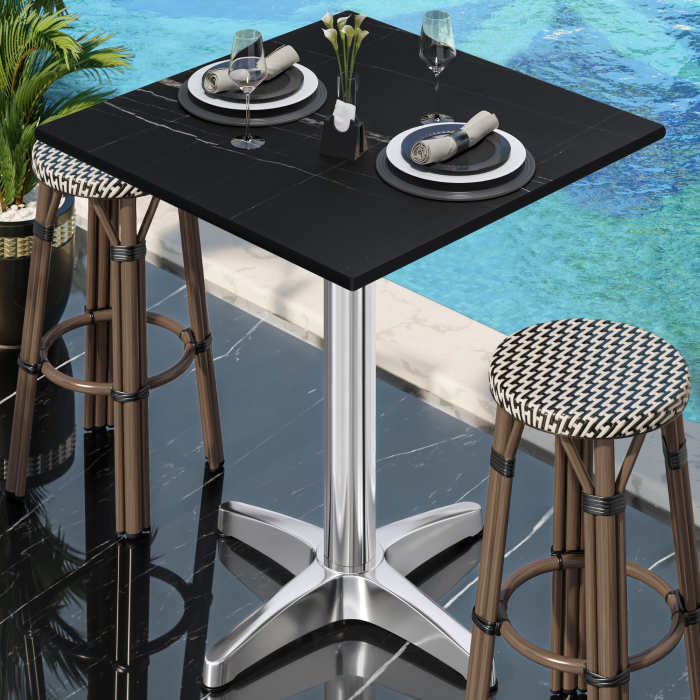 CPBL | HPL Compact Bistro Tavolo Alto | 70 x 70 x 110 cm | Pieghevole + Peso Aggiuntivo | Marmo Nero / Alluminio