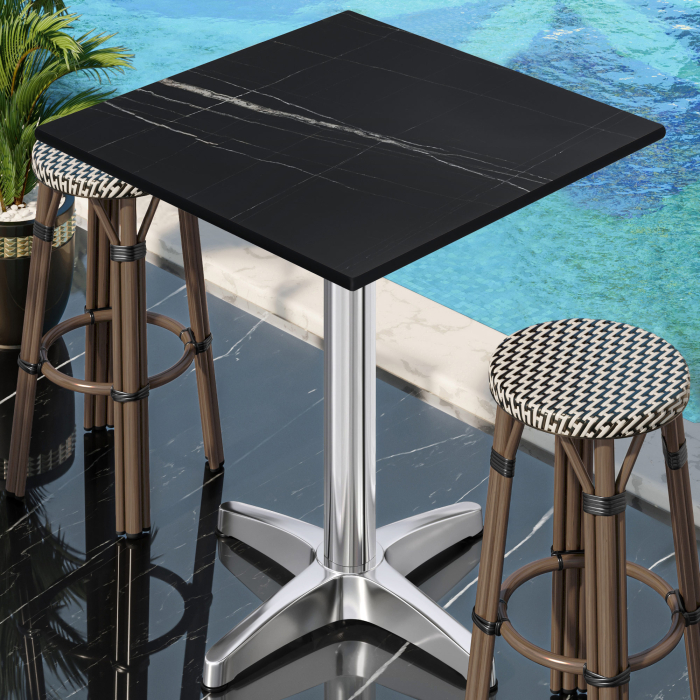 CPBL | HPL Compact Bistro Tavolo Alto | 70 x 70 x 110 cm | Pieghevole + Peso Aggiuntivo | Marmo Nero / Alluminio