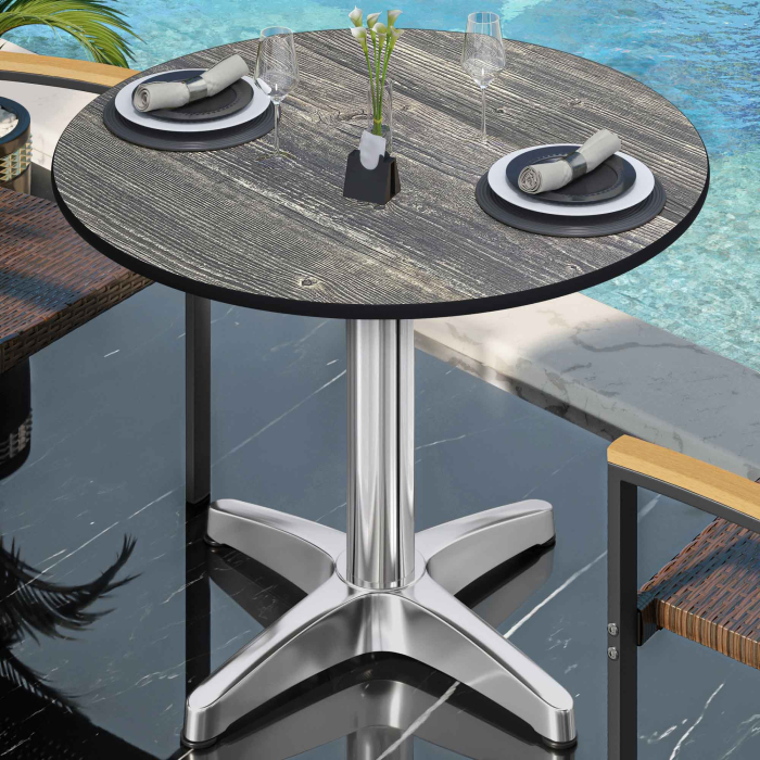 CPBL | Mesa Bistro HPL | Ø:H 70 x 78 cm | Pino Rústico / Aluminio | Plegable + peso adicional | Redonda