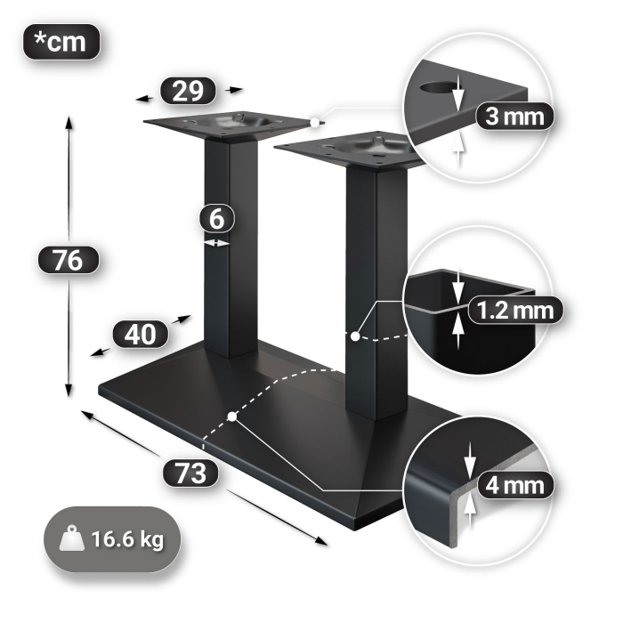 PALMA | Bistro Doppel Tischgestell | Schwarz | B:T 40 x 73 cm | Säule: 6 x 76 cm