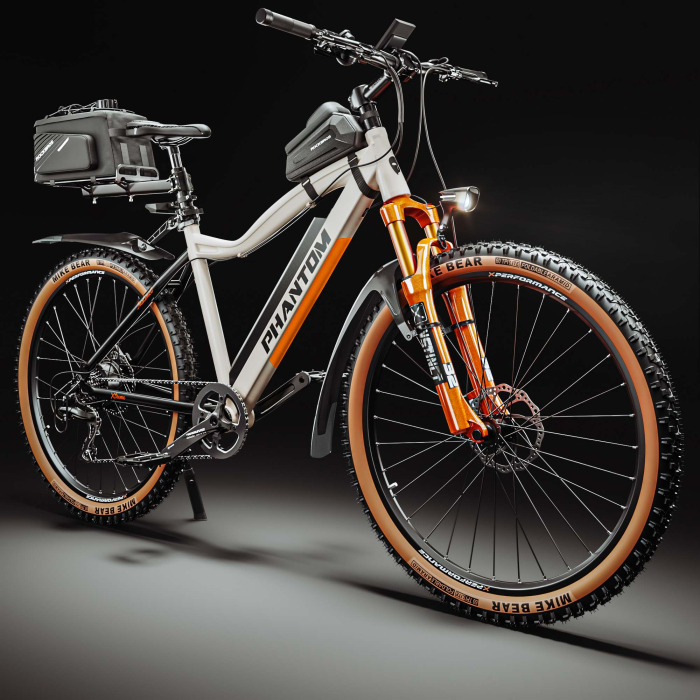 PHANTOM INSTINCT X | Elektro Mountainbike | 29" | 100km | 10.5Ah | 380Wh | Weiß | + Schutzblech, Fahrradtasche Rahmen, Gepäckträger, Fahrradtasche Gepäckträger