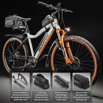 PHANTOM INSTINCT X | Elektrische mountainbike | 29" | 100km | 10.5Ah | 380Wh | Wit | + spatbord, fietstasframe, bagagedrager, fietstasbagagedrager