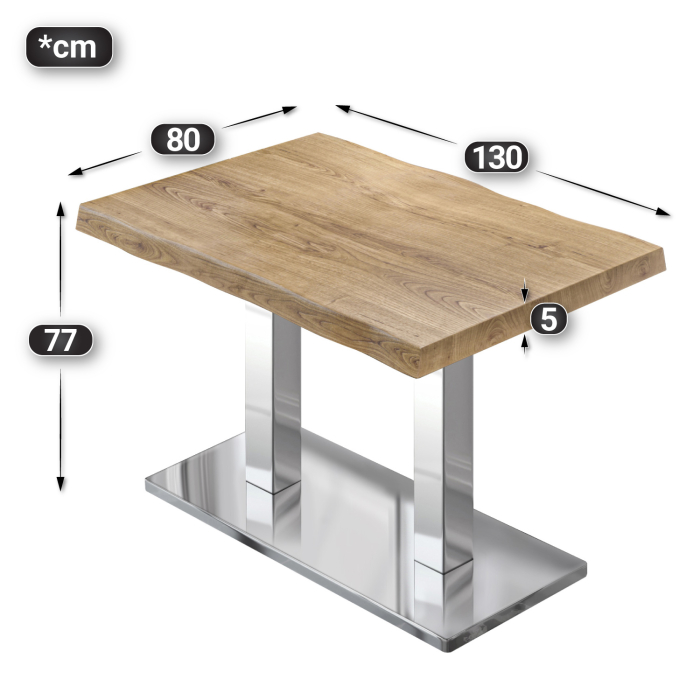 PMD | Bistro tree-edge table | rectangular | 130 x 80 x 77 cm | oak / stainless steel PMD | Bistro tree-edge table | rectangular | 130 x 80 x 77 cm | oak / stainless steel