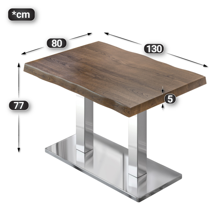 PMD | Bistro tree edge table | rectangular | 130 x 80 x 77 cm | walnut / stainless steel PMD | Bistro tree edge table | rectangular | 130 x 80 x 77 cm | walnut / stainless steel