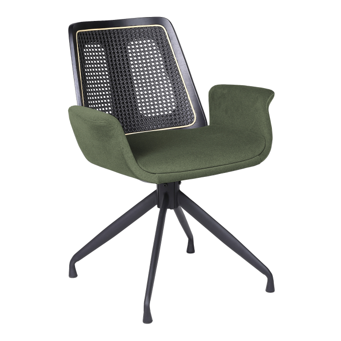 Romy | Chaise de bistrot | Verte | Velours | Rotin noir | Piètement pivotant