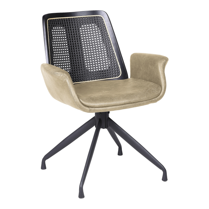 Romy | Bistro Stol | Beige | Läder | Rattan Svart | Snurrfot