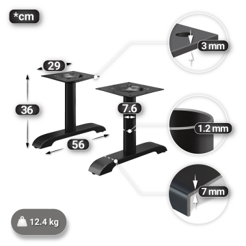 SAN.DIEGO | Bistro Lounge Doppel Tischgestell | Alu Schwarz | 2 Fuß: 56 x 8 cm | Säule: 7,6 x 36 cm