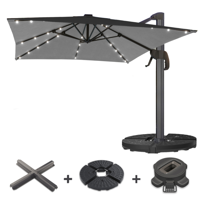 SUN LUIS | Parasol | Square | B:T 300 x 300 cm | Black | LED | +Stand & Swivel base
