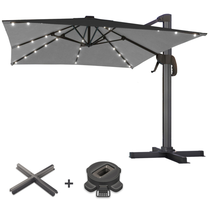 SUN LUIS | Parasoll | Kvadratisk | B:D 300 x 300 cm | Svart | LED | +Stativ og svingbar fot
