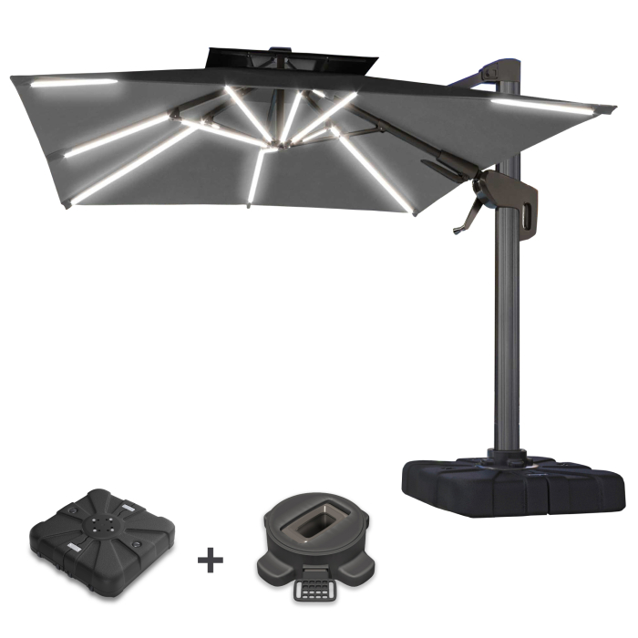SUN PIETRO | Parasol | Square | B:T 300 x 300 cm | Black | LED | +Stand & Swivel base
