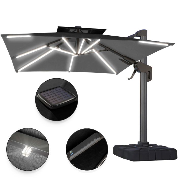 SUN PIETRO | Parasoll | Torget | B: D 300 x 300 cm | Svart | LED-er