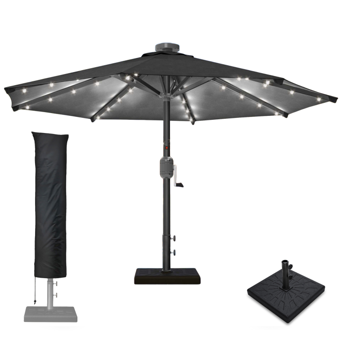 SUN MARINO | Parasoll | Runt | Ø 300 cm | Svart | LED | + stativ & skydd SUN MARINO | Parasoll | Runt | Ø 300 cm | Svart | LED | + stativ & skydd