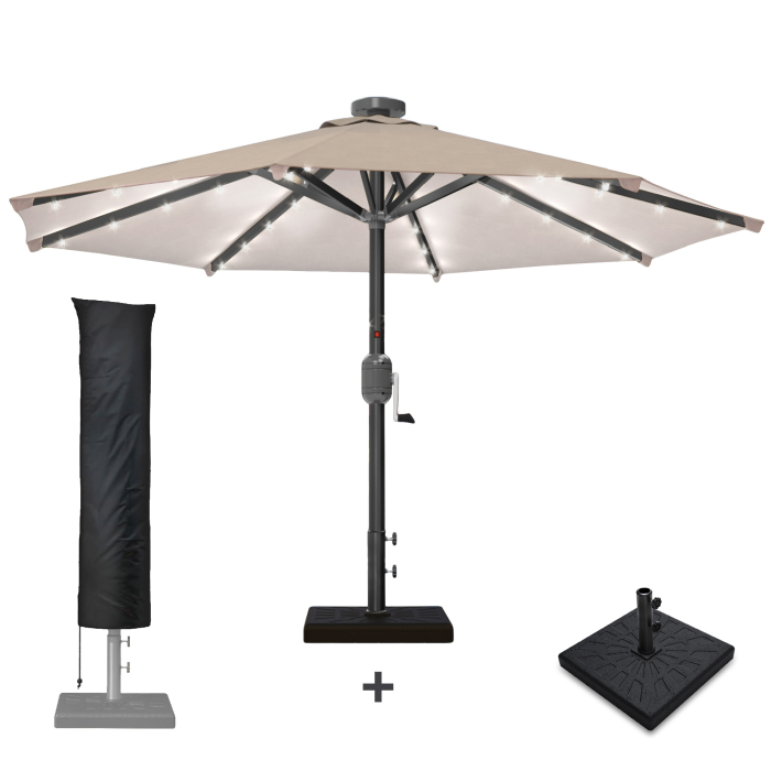 SUN MARINO | Parasoll | Runt | Ø 300 cm | Taupe | LED | + stativ & skydd SUN MARINO | Parasoll | Runt | Ø 300 cm | Taupe | LED | + stativ & skydd