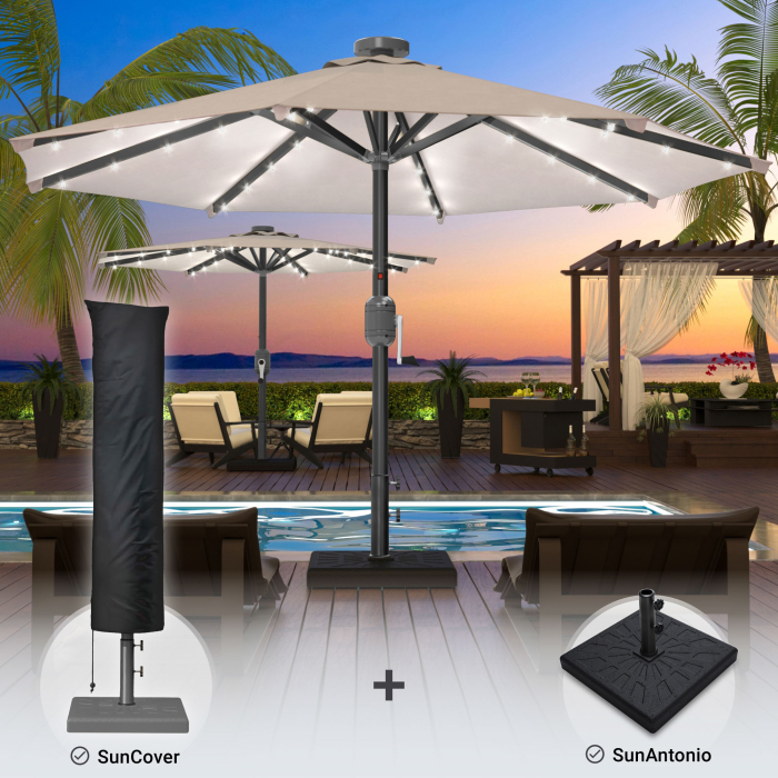 SUN MARINO | Parasoll | Runt | Ø 300 cm | Taupe | LED | + stativ & skydd SUN MARINO | Parasoll | Runt | Ø 300 cm | Taupe | LED | + stativ & skydd